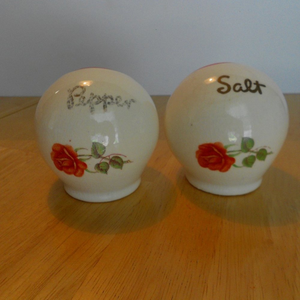 1930s Vtg. White Ball Red Stripe Salt  & Pepper Shakers